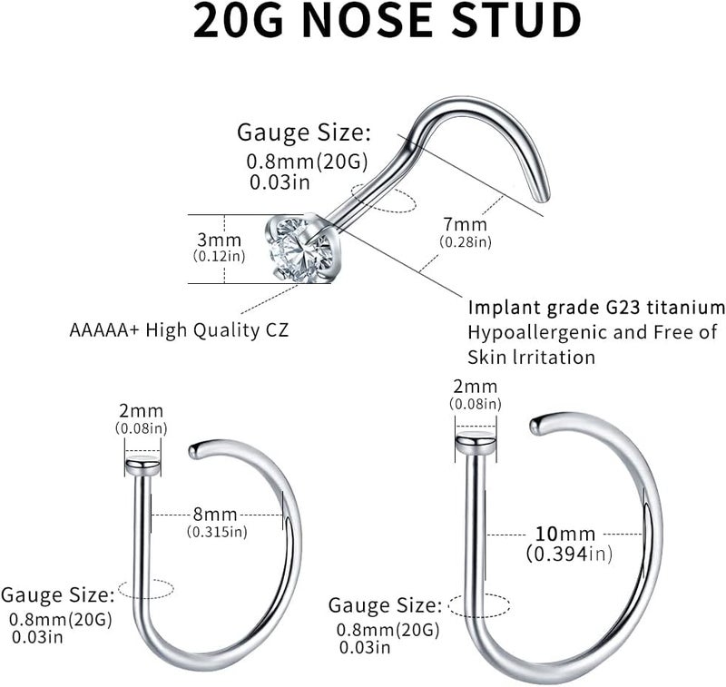 VOJO G23 Titanium 20G Nose Rings Hoops L Shaped Screw Nose Studs Diamond Small Piercing Jewelry for Women Men - Image 3